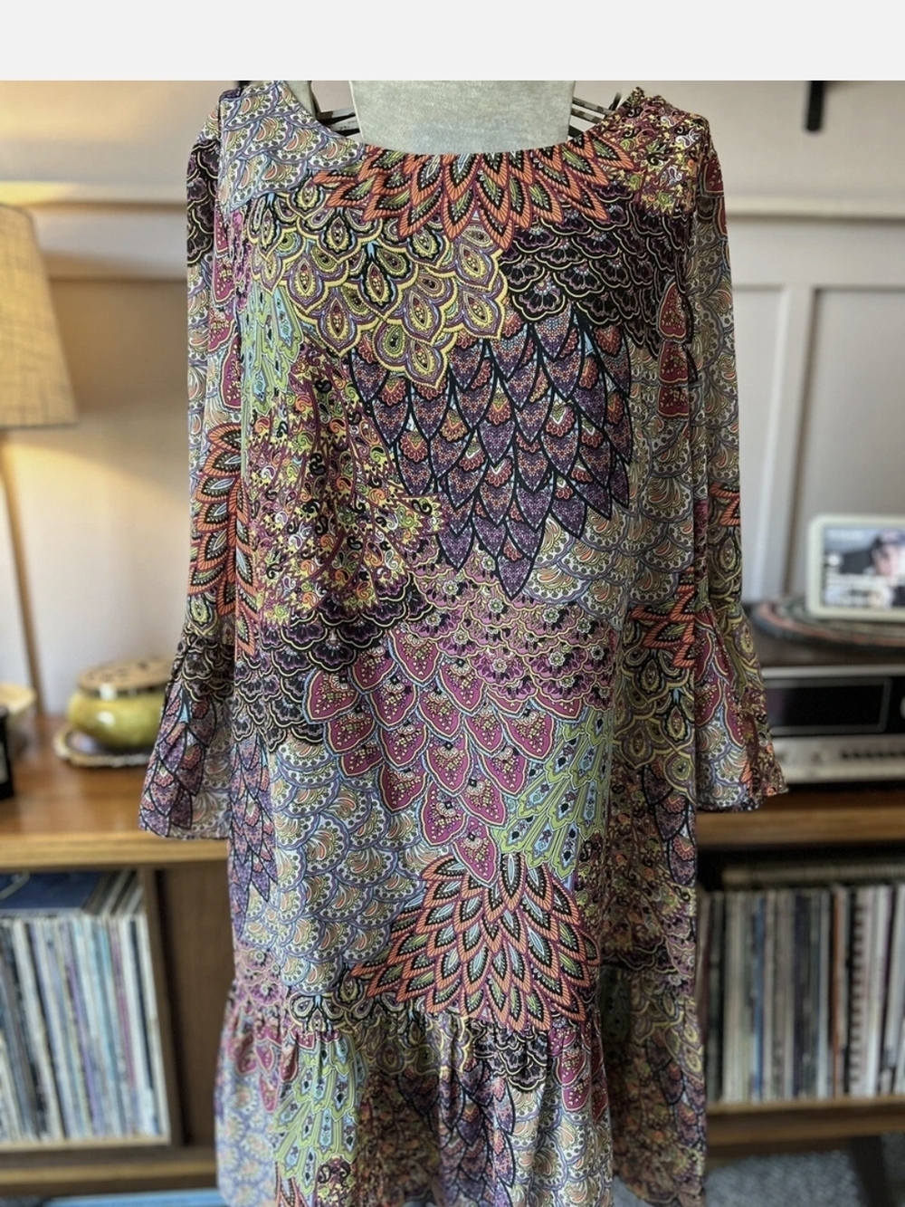 Boho Multicolor Paisley-Print Long Sleeve Dress - Pink Accent
